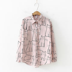 DeRuiLaDy Women 2019 Fashion Turn Down Collar Long Sleeve Shirt Blouse Shirt Cute Cat Print Loose Casual Blosues Tops Ladies