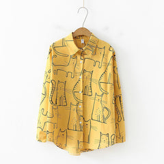 DeRuiLaDy Women 2019 Fashion Turn Down Collar Long Sleeve Shirt Blouse Shirt Cute Cat Print Loose Casual Blosues Tops Ladies