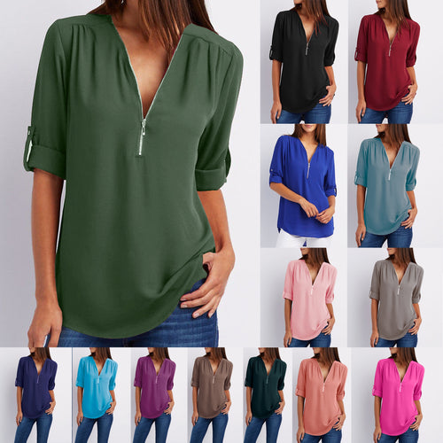 Summer Women Cool Loose Shirt Deep V Neck Chiffon Blouse Casual Ladies Tops Sexy Zipper Pullover Plus Size Long Sleeve Fashion
