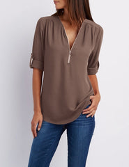 Summer Women Cool Loose Shirt Deep V Neck Chiffon Blouse Casual Ladies Tops Sexy Zipper Pullover Plus Size Long Sleeve Fashion