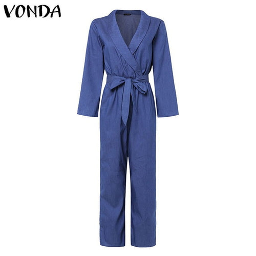 Fashion Summer Denim Jumpsuits VONDA Women Sexy Deep V Neck Rompers Casual  Linen Overalls Femme Loose Playsuits Plus Size Pants