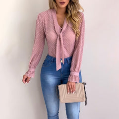 Cysincos Chiffon Blouses Women 2019 Autumn Fashion Long Sleeve V-neck Pink Shirt Office Blouse Slim Casual Tops Female Plus Size