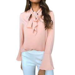 Cysincos Chiffon Blouses Women 2019 Autumn Fashion Long Sleeve V-neck Pink Shirt Office Blouse Slim Casual Tops Female Plus Size