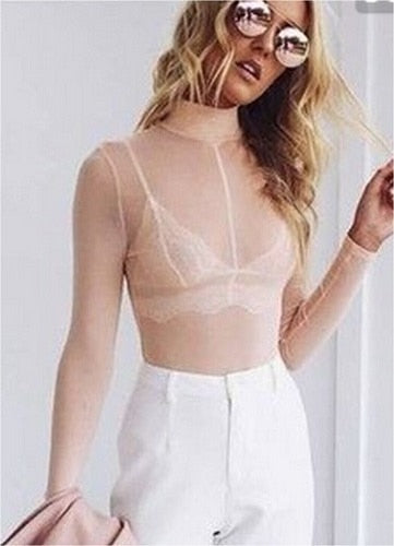 2018 Summer Fashion Women Blouse Sexy Women's Net Long Sleeve See Through Pure Top Semi Transparent Blouse