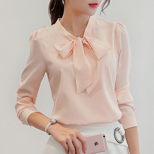 Harajuku New Spring Summer Blouse Women Long Sleeve Shirts Fashion Leisure Chiffon Shirt Bow Office Ladies Pink White Tops