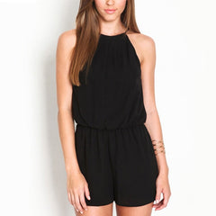 Fashion Women Halter Jumpsuits Sleeveless Chiffon Overalls Keyhole Back Casual Pure Black Girls Playsuit Rompers Sexy Summer