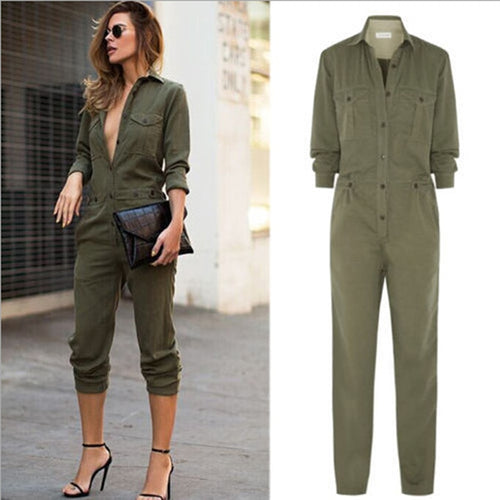 Hot Sale Fashion Autumn Casual Button Overall Pencil Pants Playsuits V-neck Turn-Down Collar Lady Romper Long Sleeve Jumpsuits