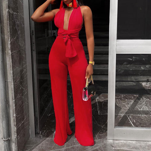 New Arrival Fashion Women Clothing Sexy V Neck Multi-way Jumpsuits Female Lace Up Bandage Sleeveless Wide Leg Autumn Playsuits