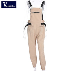 Vangull Khaki Rompers Womens Jumpsuit Long Elegant Zipper Pockets Sleevlesee Adjusted Strap High Waist Cotton Fashion Summer