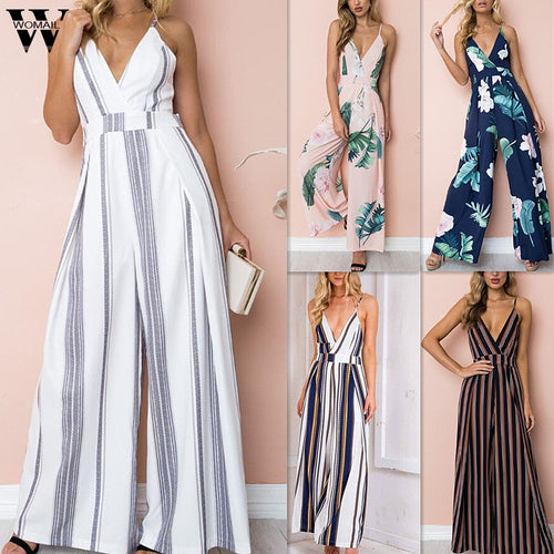 Womail bodysuit Women Summer Sleeveless Strip Jumpsuit Print Strappy Holiday Long Playsuits Trouser Fashion 2019 dropship f28