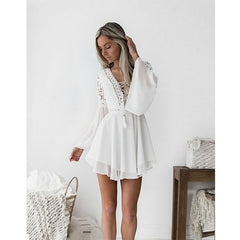 new Girls White Summer Bohemian Mini Dress Women Fashion Spring Solid White Mini Lace Casual Clothes V-neck Long Sleeve Dresses