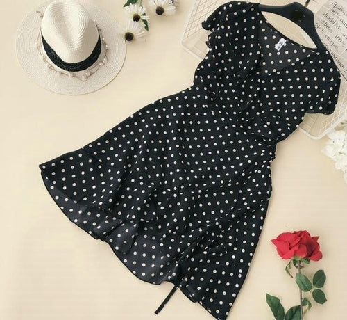 2019 Summer Polka Dot Wrapped Dress V Neck Ruffles Sexy Mini Dress Slim Bodycon Vacation Beach Smocks Korean Fashion