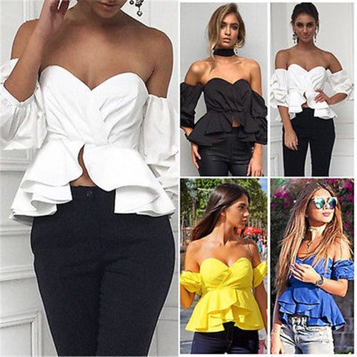 Fashion Women Off Shoulder Puff Sleeve Ruffle V-neck Peplum Crop Tops Summer Loose Strapless Casual Solid Color Shirts Blouse