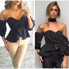 Fashion Women Off Shoulder Puff Sleeve Ruffle V-neck Peplum Crop Tops Summer Loose Strapless Casual Solid Color Shirts Blouse