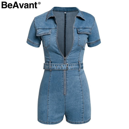 BeAvant Zipper sexy denim jumpsuit short women rompers Pocket bodycon summer jeans overalls Casual fashion party club combishort