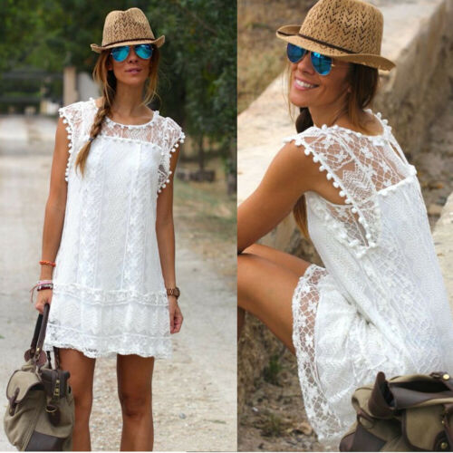 Fashion Women Summer Dress Lady Sleeveless Lace O-Neck Casual White A-Line Mini Dresses