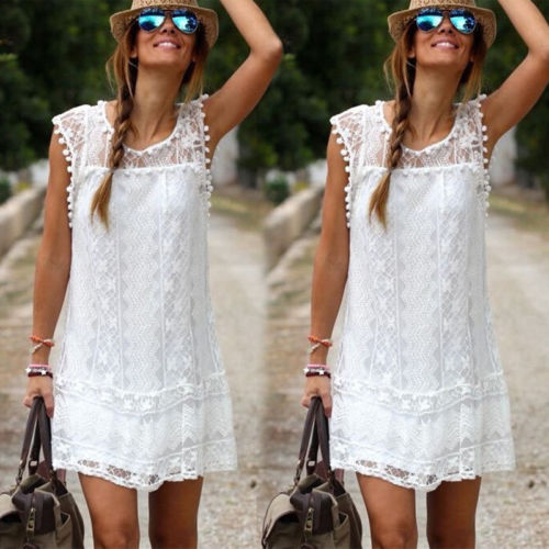 Fashion Women Summer Dress Lady Sleeveless Lace O-Neck Casual White A-Line Mini Dresses
