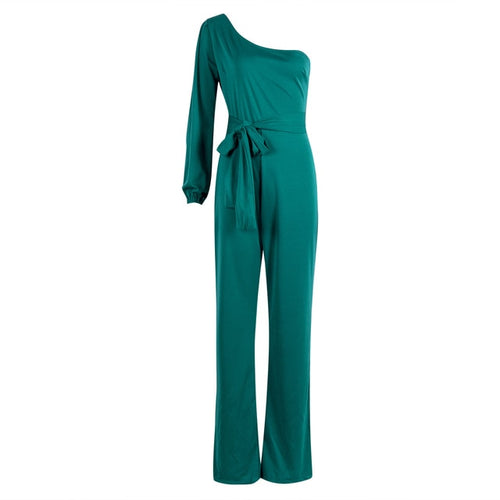 Women Jumpsuits 2019 Fashion Ladies Solid Rompers Party Clubwear Playsuits Wide Leg One Shoulder Sashes Jumpsuit Long Trousers