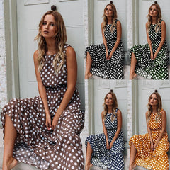 Oufisun Summer Sleeveless Polka Dot Print Women Midi Dress Casual Fashion Dresses A-Line Boho Elegant Beach Long Dress Vestidos