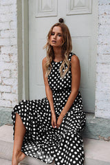 Oufisun Summer Sleeveless Polka Dot Print Women Midi Dress Casual Fashion Dresses A-Line Boho Elegant Beach Long Dress Vestidos
