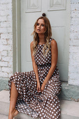 Oufisun Summer Sleeveless Polka Dot Print Women Midi Dress Casual Fashion Dresses A-Line Boho Elegant Beach Long Dress Vestidos