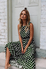 Oufisun Summer Sleeveless Polka Dot Print Women Midi Dress Casual Fashion Dresses A-Line Boho Elegant Beach Long Dress Vestidos