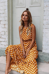 Oufisun Summer Sleeveless Polka Dot Print Women Midi Dress Casual Fashion Dresses A-Line Boho Elegant Beach Long Dress Vestidos