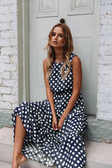 Oufisun Summer Sleeveless Polka Dot Print Women Midi Dress Casual Fashion Dresses A-Line Boho Elegant Beach Long Dress Vestidos