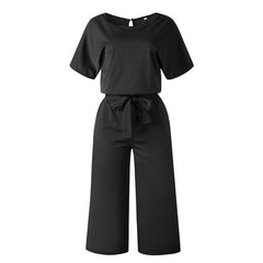 Women Cotton Bandage Jumpsuit Summer Fashion 2019 Short Sleeve Playsuits Clubwear Straight Leg With Belt Overalls Bodycon Ladies