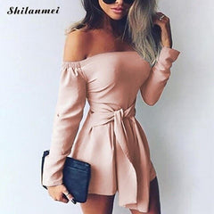 Hot Fashion Sexy Off Shoulder Playsuits Women Long Sleeve Bodycon Bandage Party Short Rompers Plus Size Elegant Ladies Overalls