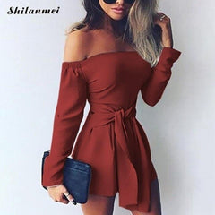 Hot Fashion Sexy Off Shoulder Playsuits Women Long Sleeve Bodycon Bandage Party Short Rompers Plus Size Elegant Ladies Overalls