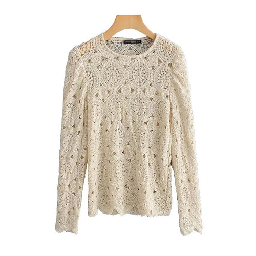 New vintage women beige lace shirts 2019 fashion ladies knitted long sleeve floral blouses girls hollow out slim tops femme chic