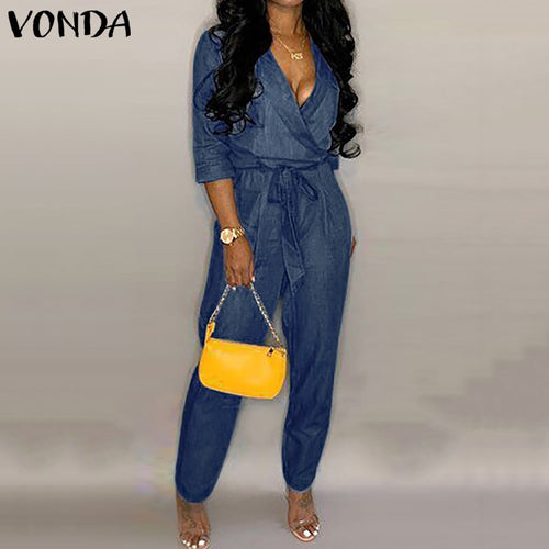 Fashion Summer Denim Jumpsuits VONDA Women Sexy Deep V Neck Rompers Casual  Linen Overalls Femme Loose Playsuits Plus Size Pants