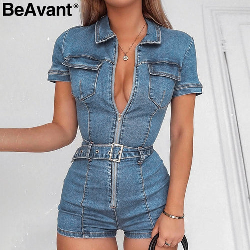 BeAvant Zipper sexy denim jumpsuit short women rompers Pocket bodycon summer jeans overalls Casual fashion party club combishort