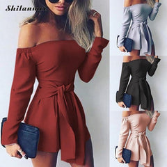 Hot Fashion Sexy Off Shoulder Playsuits Women Long Sleeve Bodycon Bandage Party Short Rompers Plus Size Elegant Ladies Overalls